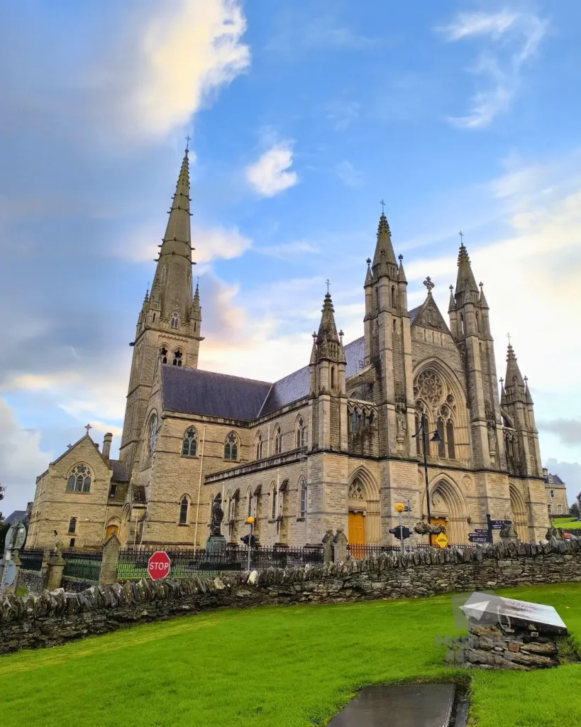 The exterior and tall spire of St Eunan's Cathedral, built in white Mountcharles stone