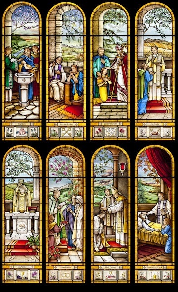 Stained-glass panels depicting the sacraments, showing the upper row of four